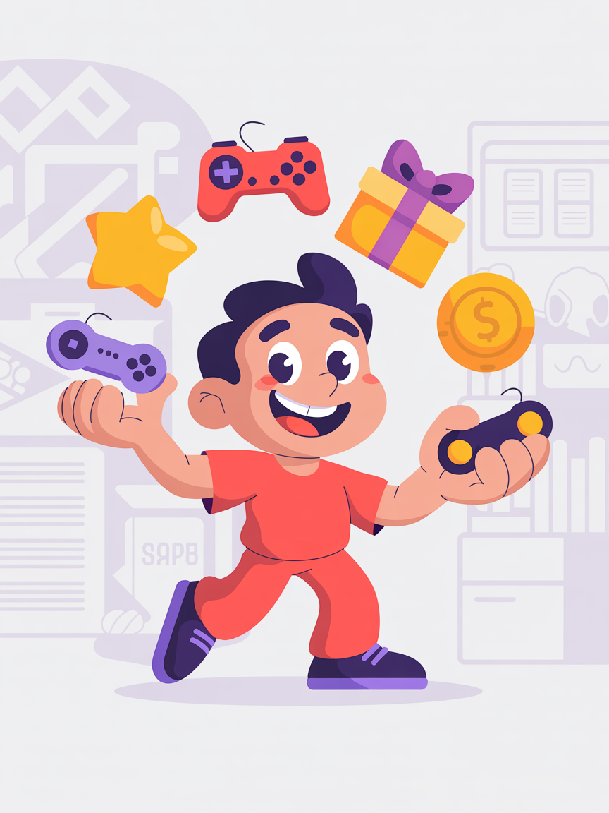 A cartoon character juggling casino chips